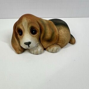 Vintage HOMCO Puppy Dog 4" Ceramic Big Eyes Beagle Tricolor White Brown‎ Black